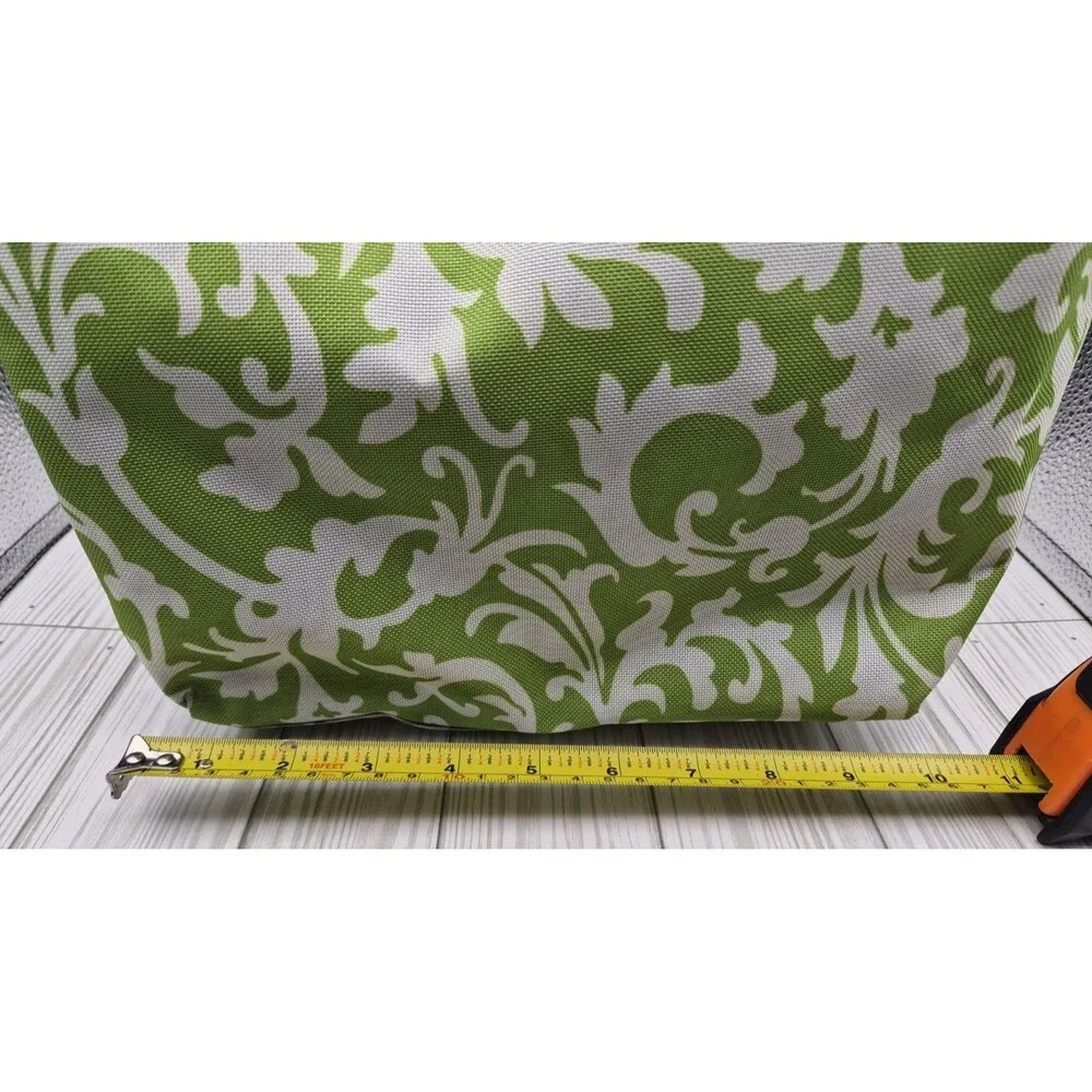 Nicole Miller Insulated Canvas Lunch Bag Green Damask Print Zippered Cooler Tote